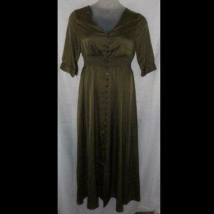 NEW Olive Green Sz Jr XL Church Office Button Down Maxi Dress Side Pockets